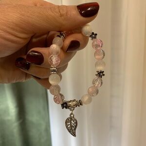 Pink and White Beaded Bracelet with Leaf Charm